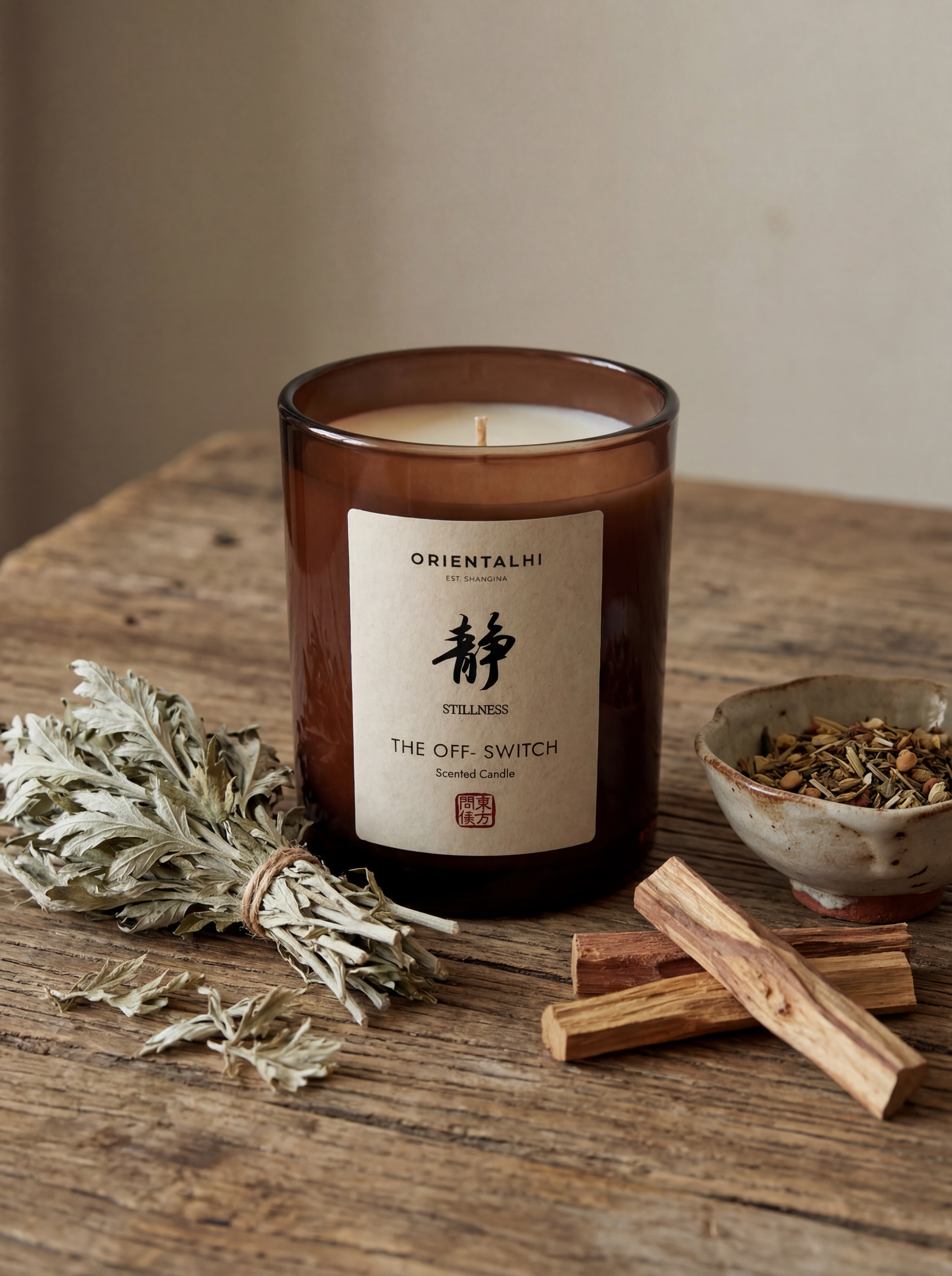 Handcrafted TCM scented candle with Chinese calligraphy Jing character and red seal