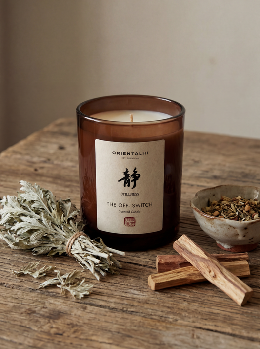 Handcrafted TCM scented candle with Chinese calligraphy Jing character and red seal
